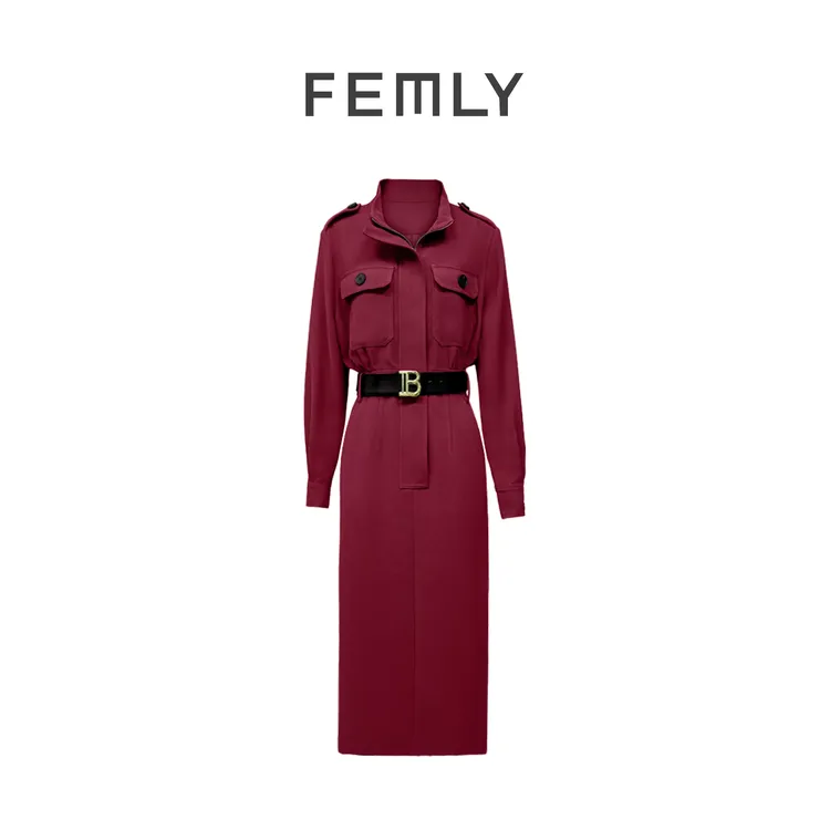 FEMLY/法曼丽 秋冬时尚设计师气质复古立领工装连衣裙G2989
