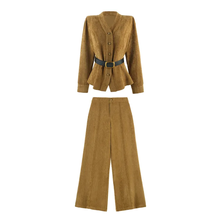 复古优雅灯芯绒收腰西装领高腰阔腿裤套装YHBZW800220【赠送腰带】