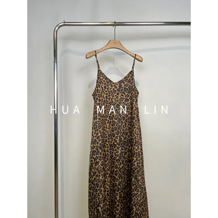 【花满林】肩带可调节豹纹木颜黄金丝绸真丝桑蚕丝吊带连衣裙252108