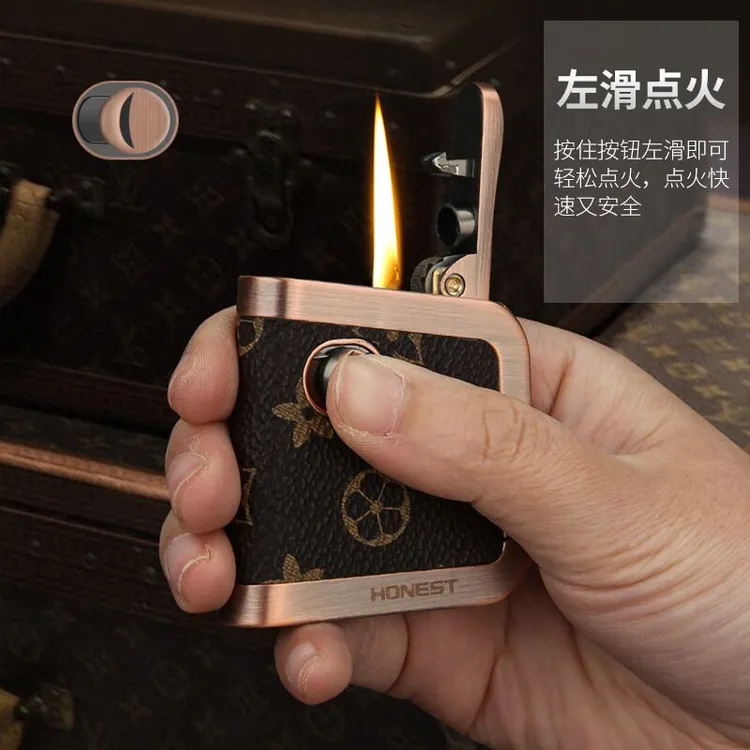 高颜值时尚大气整皮包裹一键按压弹射复古打火机高档礼物商品图