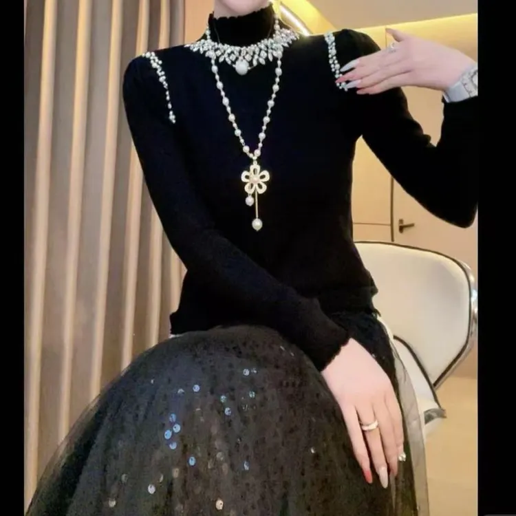 重工钉珠气质显轻奢百搭针织秋冬半高领毛衣米白色黑色红色深灰色