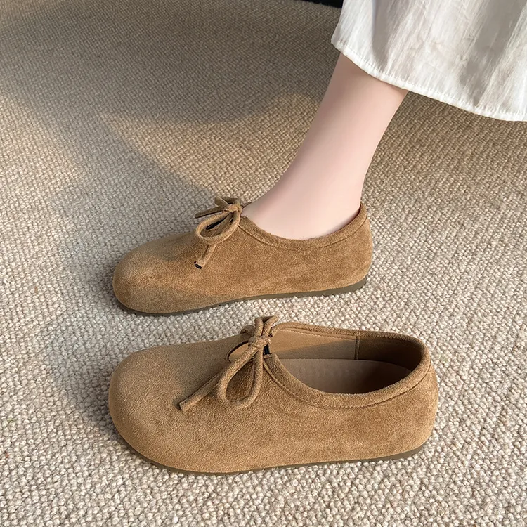 复古丑萌勃肯鞋女2025春季新款磨砂真皮一脚蹬蝴蝶结软底平底单鞋