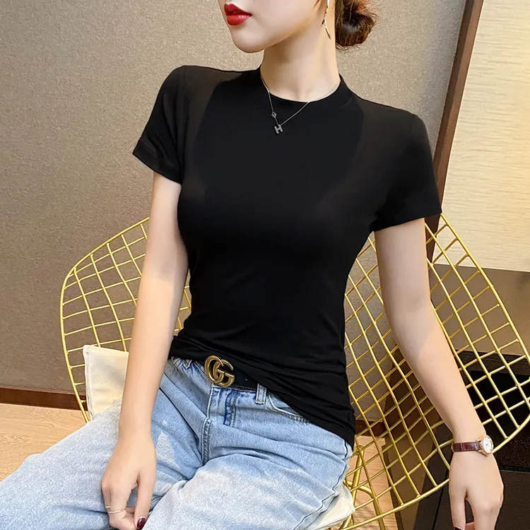 短袖T恤女正肩纯色显瘦百搭夏季修身小圆领上衣韩版简约时尚上衣