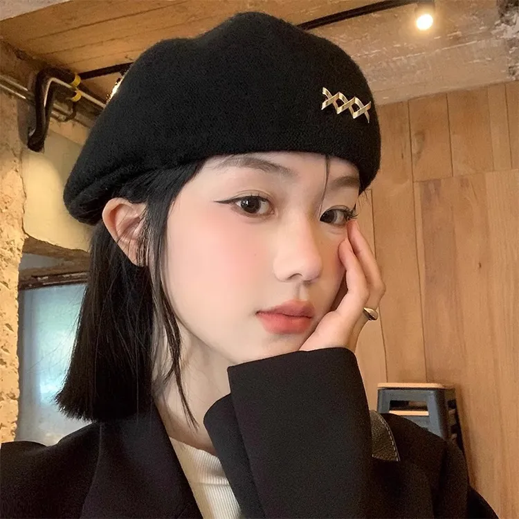 韩系百搭毛线贝雷帽女冬季节保暖优雅显脸小帽子大头围圆顶短檐防