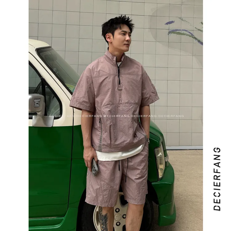 25ss设计感美式宽松立领户外冲锋衣短袖+短裤2件套装潮