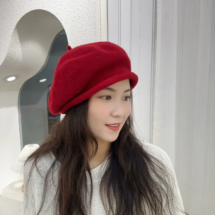 韩版微卷边羊毛呢贝雷帽子女日系休闲百搭蓓蕾帽画家帽大头围遮脸