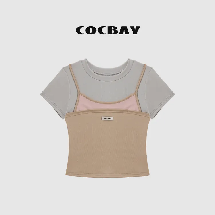 COCBAY-Urban Drift|假两件撞色抹胸吊带拼接休闲短袖T恤YT0011