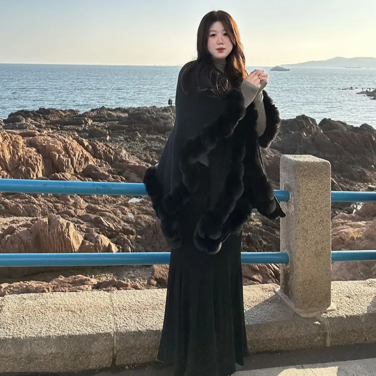 【成熟姐姐】秋冬针织毛毛披肩+半高领打底+鱼尾半身裙套装