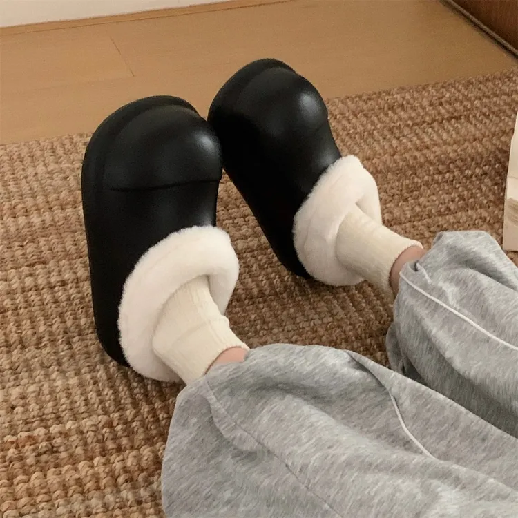 细细条 女加绒懒人外穿厚底厨师鞋居家防滑ins一脚蹬防水棉拖鞋冬