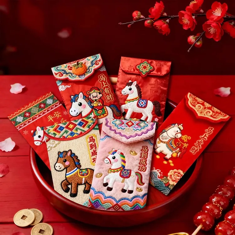 2026春节马年平面款创意红包立体刺绣风格中式利是封卡通新年压岁