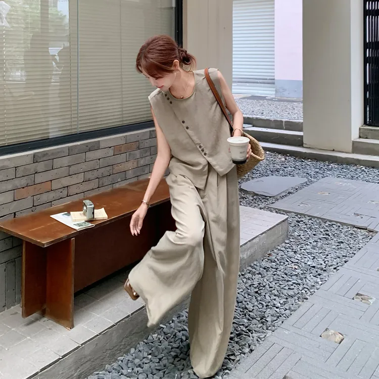 简约轻奢韩系设计感马甲阔腿裤2025夏季新款小众ins风通勤风套装