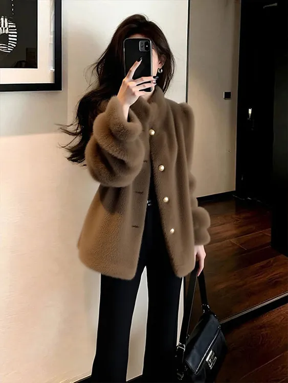 小香风咖色立领毛毛外套女2025冬季新款高级感独特漂亮巨好看上衣