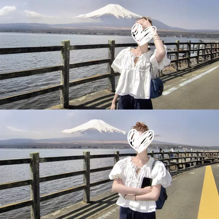 甜粿妹妹 富士山下 减龄温柔系带花苞袖短袖上衣蓝色休闲裤