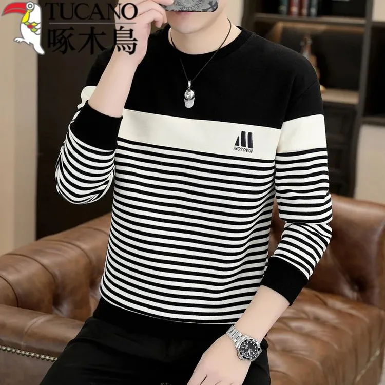 啄木鸟秋季新款条纹男士t恤长袖圆领套头休闲百搭针织打底上衣