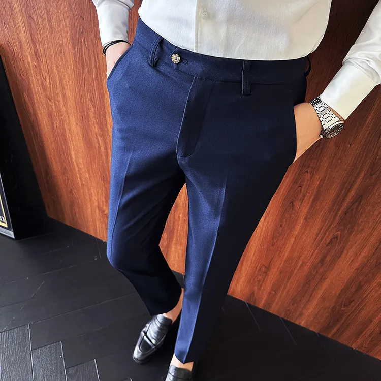 秋季轻奢潮流西裤男士直筒修身商务休闲裤韩版小脚职业藏青色长裤