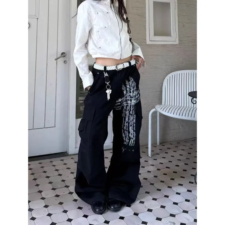 美式十字印花工装阔腿牛仔裤女秋季宽松垂感拖地裤设计感复古