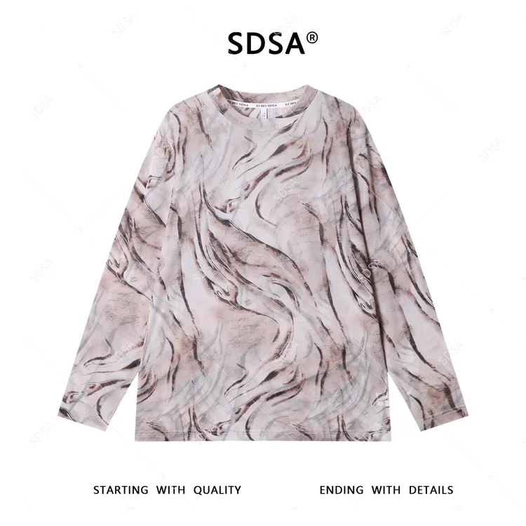 SDSA夏季新款男士痞帅美式凌乱线条设计圆领长袖T恤百搭时尚上衣