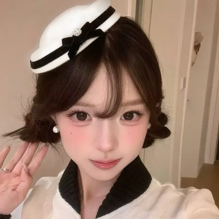 赫本风丝绒蝴蝶结小礼帽英伦海军风甜美少女水手帽子学院风高级