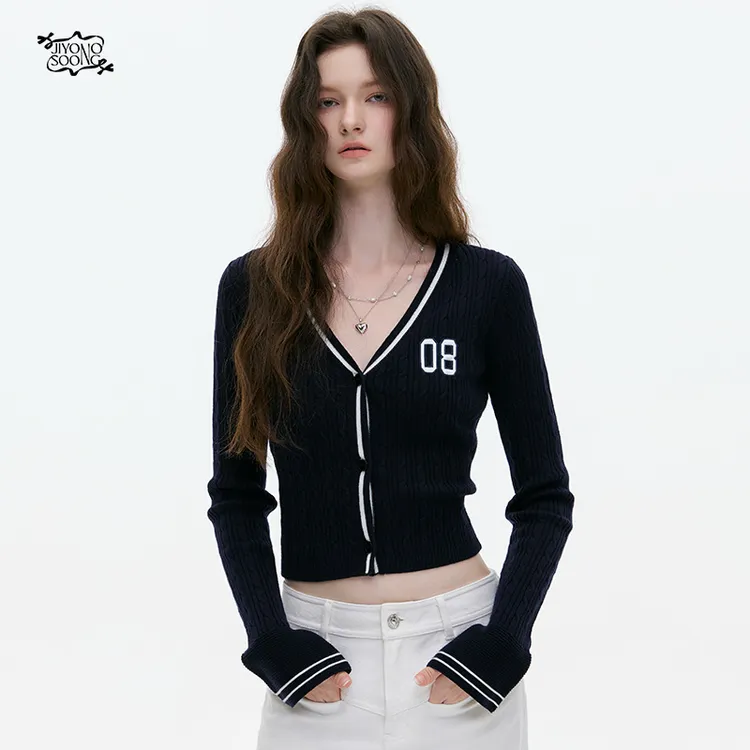 JIYOO SOONG | 运动甜酷贴布绣毛针织春秋短款长袖开衫低领打底衫