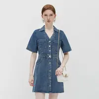 翻领双口袋短袖牛仔连衣裙女复古通勤蓝色显瘦高腰直筒裙