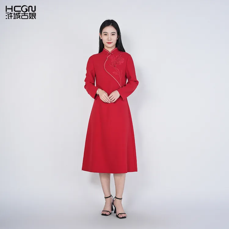 浒城古娘中式国风喜婆婆喜妈妈立领长袖通勤香凝连衣裙HASS010019