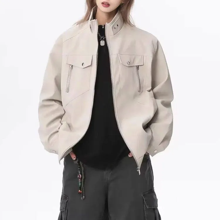 美式复古立领工装夹克男春秋季潮牌皮衣外套情侣上衣飞行机车服装