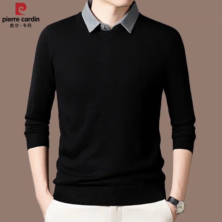 皮尔卡丹高档男士衬衫领假两件羊毛打底衫冬季长袖休闲百搭毛衣潮
