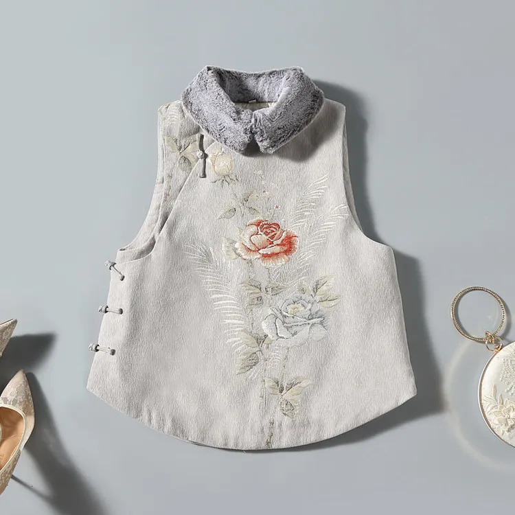秋冬款复古日常中式绣花马甲上衣加厚女装马夹灰色高级感宽松无袖