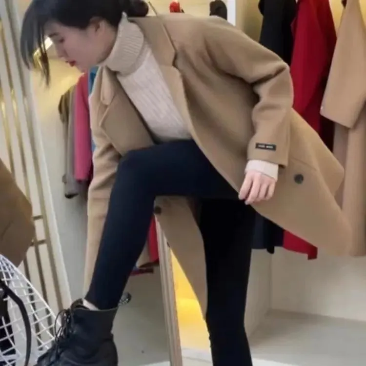 咖啡色西装领双面羊毛大衣女短款2025年新款秋冬韩版宽松毛呢外套