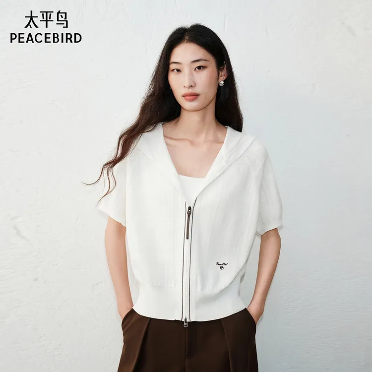 【商场同款】太平鸟女士秋季新款格纹提花连帽短袖针织A3EDG3205