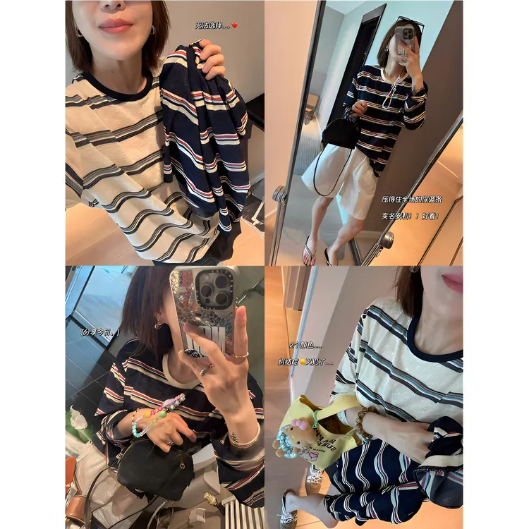 慵懒感~复古显白撞色领条纹防晒衫女！夏垂感宽松显瘦休闲长袖t恤
