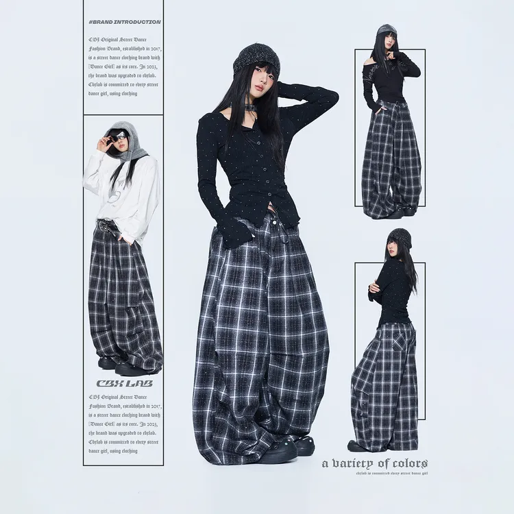 【达人专属】CBXLAB街舞潮牌格子长裤嘻哈辣妹酷帅长裤秋季街头亮闪
