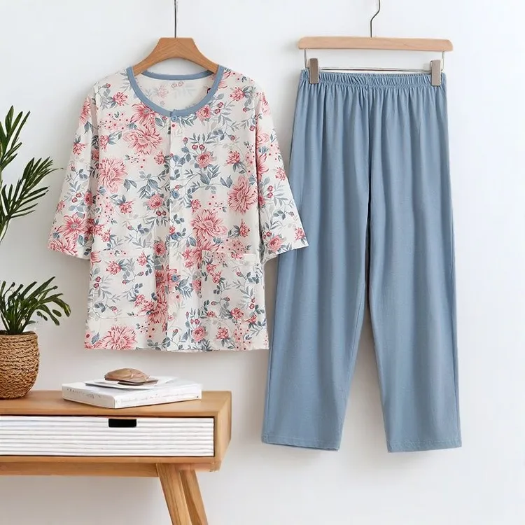 中青老年女纯棉开衫七分袖九分裤套装宽松大码夏季薄款妈妈装