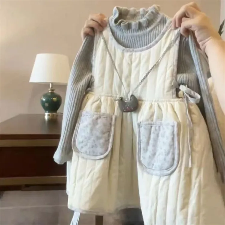 女童2024秋季韩系背心裙百搭灰色打底衫套装女宝宝洋气甜美棉服裙