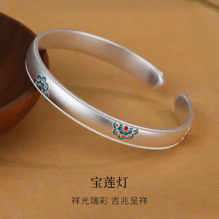 足银手镯 珐琅彩宝莲灯手镯国风新中式足银999实心手镯古风银首饰