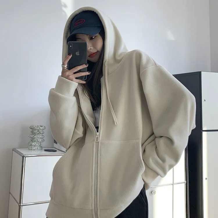 美式复古连帽拉链卫衣女秋冬加厚摇粒绒慵懒老钱网红洋气炸街女装