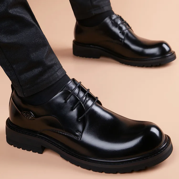 透气翘头皮鞋男商务休闲真皮圆头厚底头层牛皮正装增高系带德比鞋