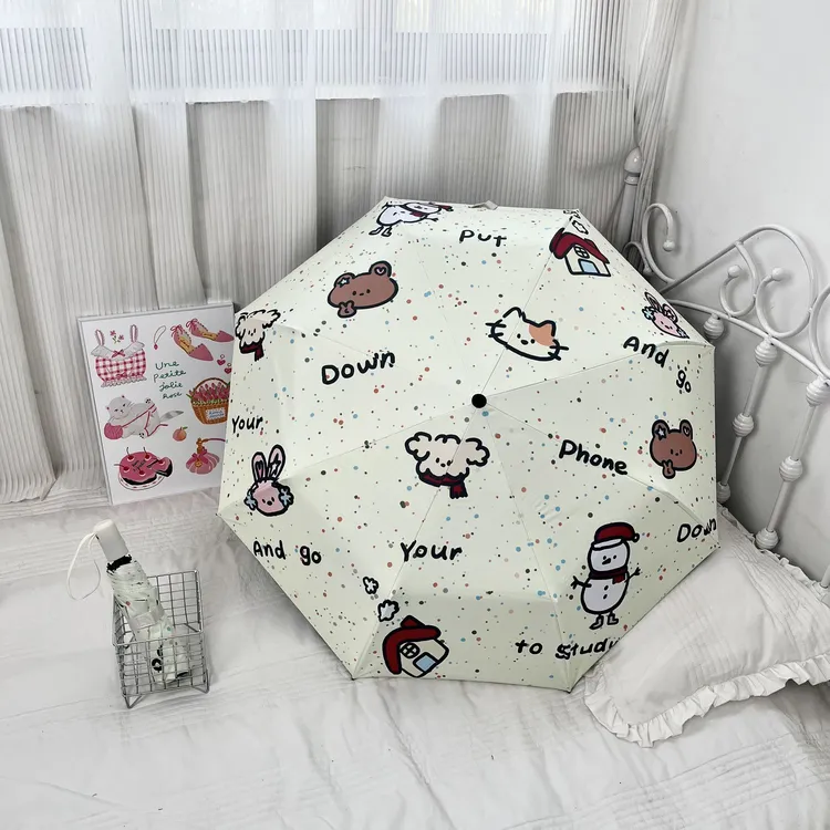 卡通雪人小动物雨伞折叠三折八骨自动伞防晒防紫外线黑胶遮阳伞