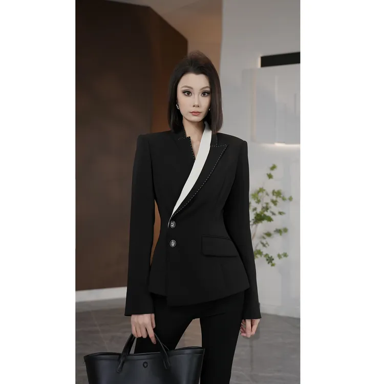 琦哥【线稿宣言】原创设计不规则黑白拼接气质高级西装外套35225