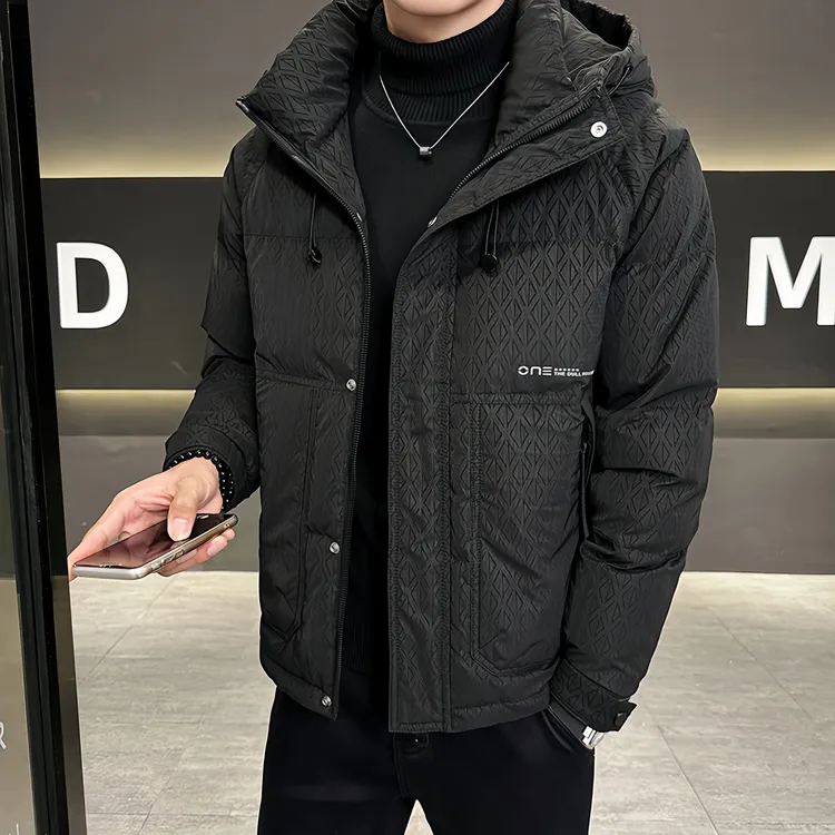 稻草人痞帅菱格羽绒服男2025新款冬季潮牌短款加厚连帽帅气男士冬