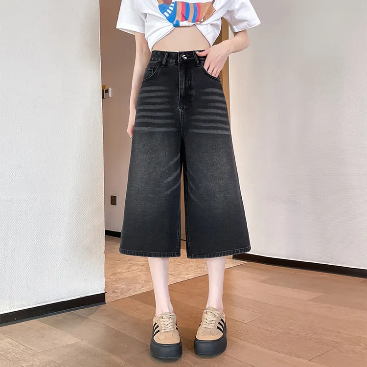 夏季薄款胖mm大码高腰牛仔七分裤女黑色水洗磨白宽松阔腿休闲学生
