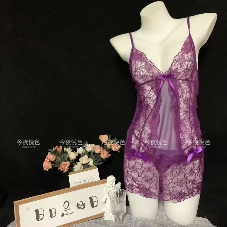 超短裙镂空蕾丝网状通用性感纯色睡裙家居服连衣裙露背修身显瘦