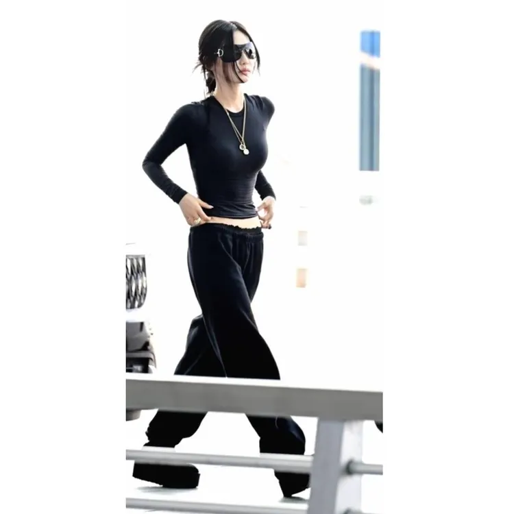 【宁艺卓同款】高弹软糯糯长袖双层奶皮上衣女蕾丝拼接腰头长裤套装