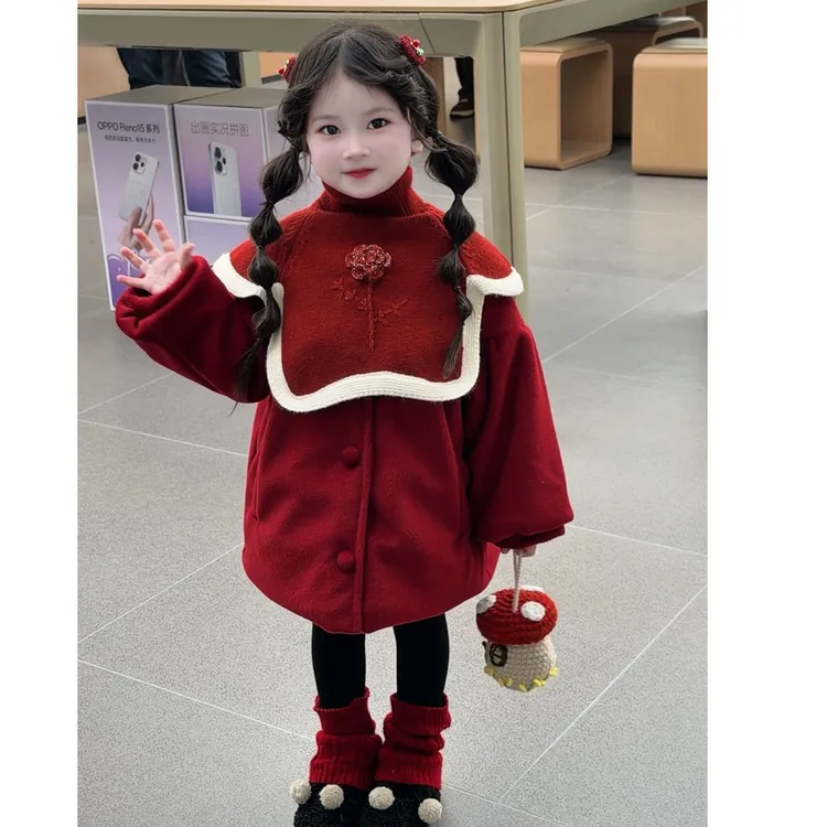 女童呢大衣儿童外套冬装2025新款保暖红色时髦网红超好看女孩上衣