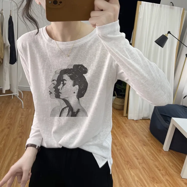 白色雪花棉正肩长袖女t恤新款春秋冬宽松棉麻减龄内搭打底衫上衣