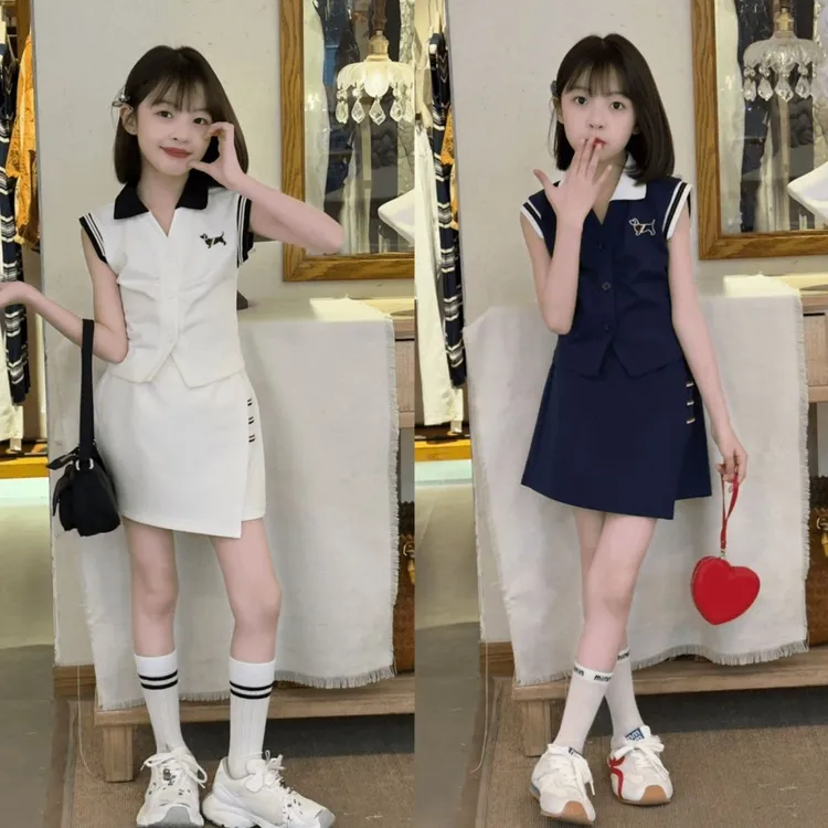 女童夏季套装2025新款夏装洋气女孩无袖套裙学院儿童两件套短款潮