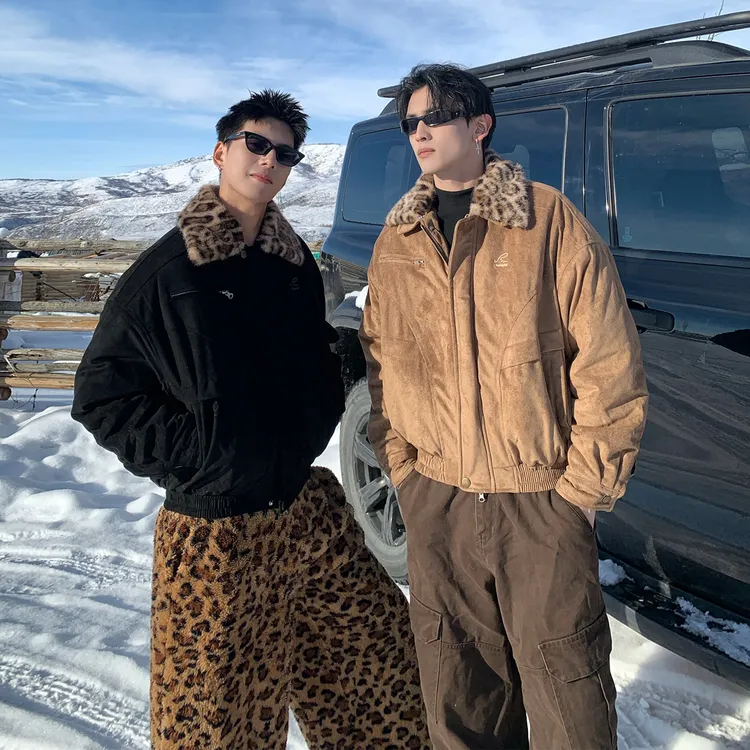 Holocene美式潮牌巴恩风可拆豹纹翻领棉服外套冬季保暖夹克TP342