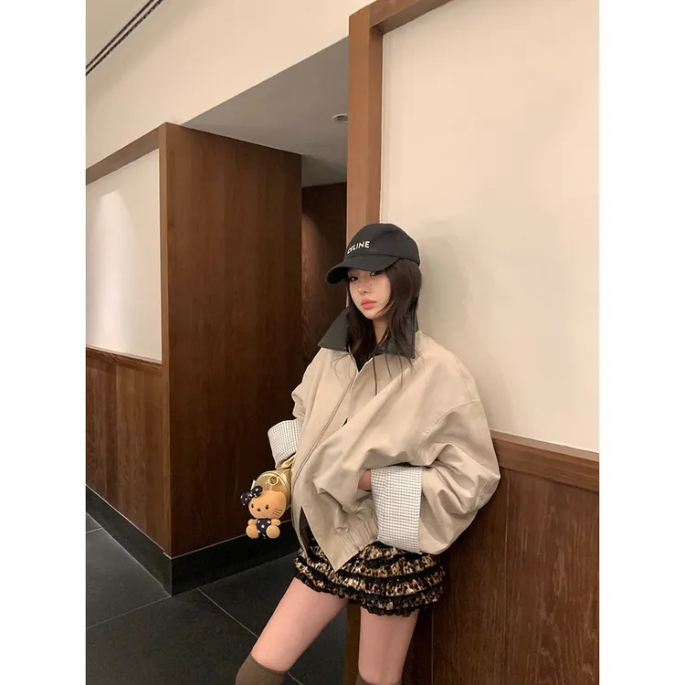 美式复古翻领工装外套女秋季2025新款休闲宽松百搭拼接夹克上衣