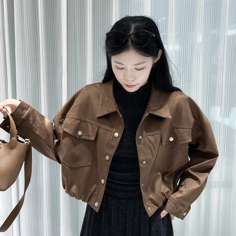 拉夏贝尔2025秋季宽松休闲百搭翻领麂皮绒外套女短款夹克上衣潮
