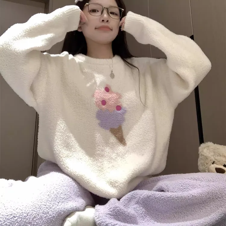 冰淇淋半边绒睡衣女秋冬季2025新款珊瑚绒加厚保暖宽松家居服套装